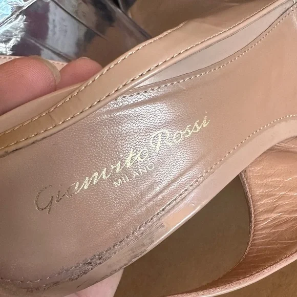 Vintage Patent Leather Peachy Tan Beige Peep Toe Slingback Pinup Pumps Size 9 - Picture 12 of 13